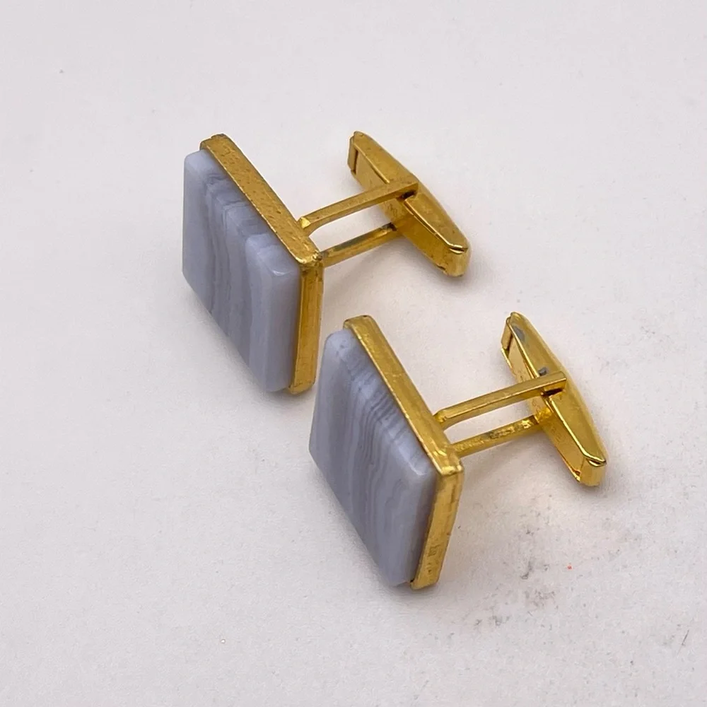 Striking Vintage Genuine Polished Blue Lace and Gold Tone Cufflinks